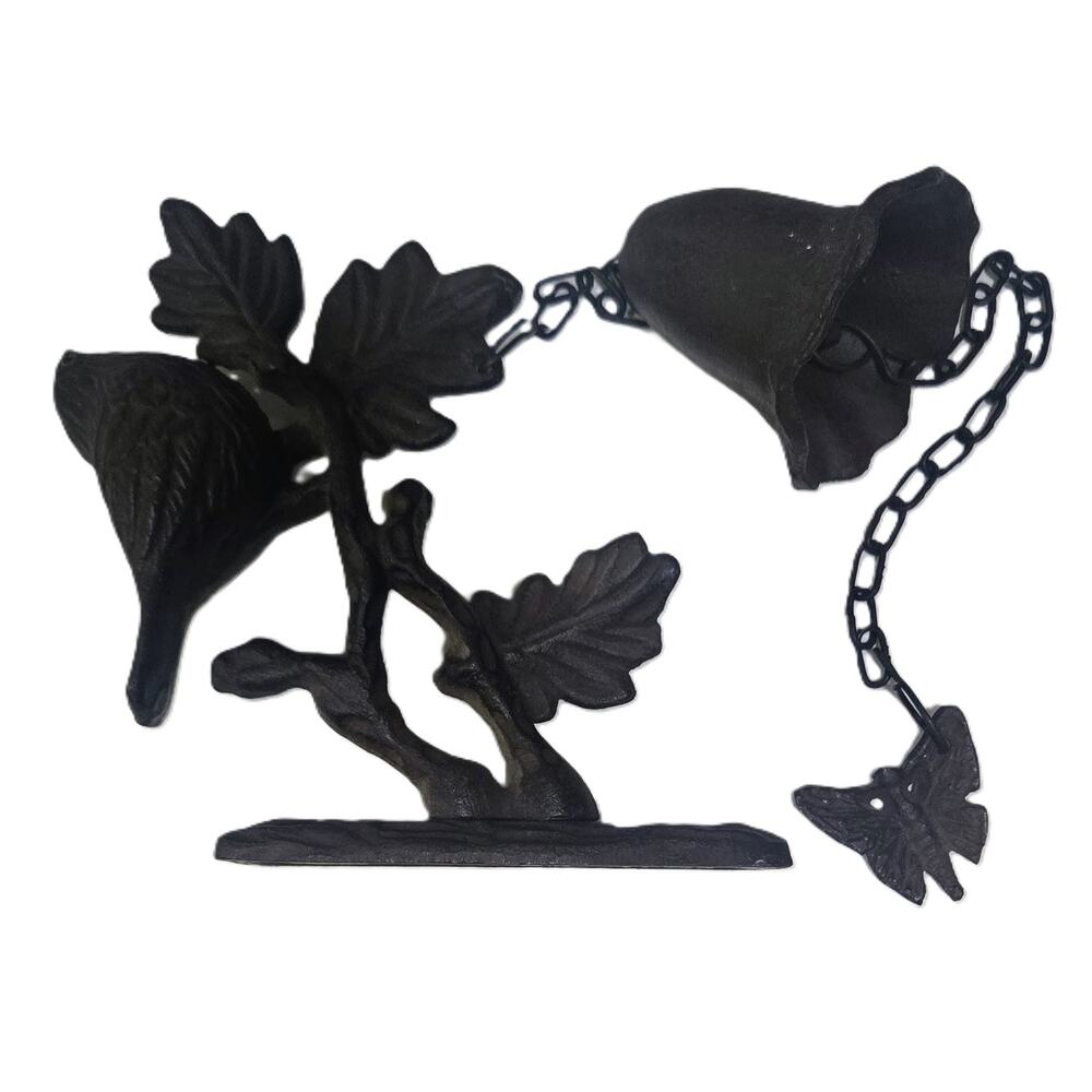 Amazing Vintage Wrought-Iron Wall Hanging Outdoor w/Bell Bird Butterfly Leaves
